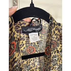 Distressed Vintage Y2K Ed Hardy Sheer Mesh Leopard Tattoo Kimono Cardigan – OS